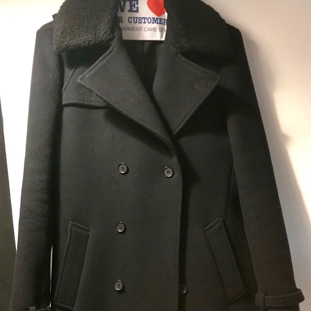 The Kooples Navy Pea Coat style w/ removable fur collar - 3/4 length